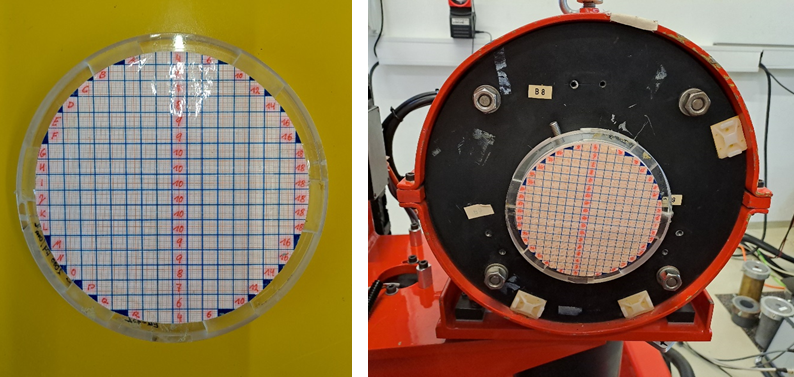Fotos der Flächenquelle (links) und der am Kollimatorausgang aufgesetzten Flächenquelle (rechts)